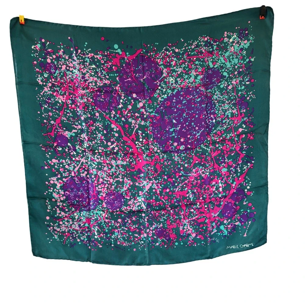 Marie‎ Charme Scarf Teal Green Pink Purple Abstract Splatter Silk Blend 30x30